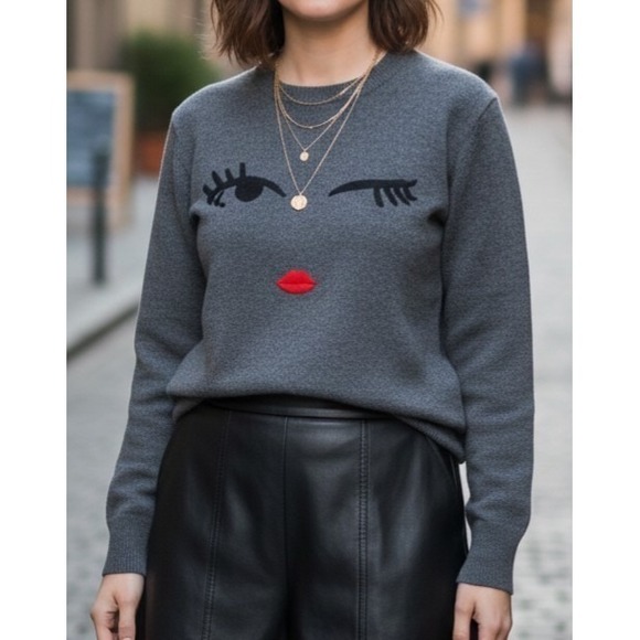 Kate Spade Gray Wool Blend Winking Kiss Face Pullover Sweater Women's Size M - Picture 3 of 6